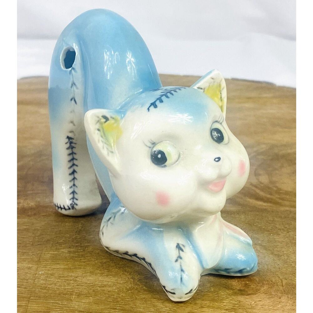 Vtg Ceramic Kitsch Japan Blue Cat Arch Back Chopstick Holder Salt Pepper Caddy